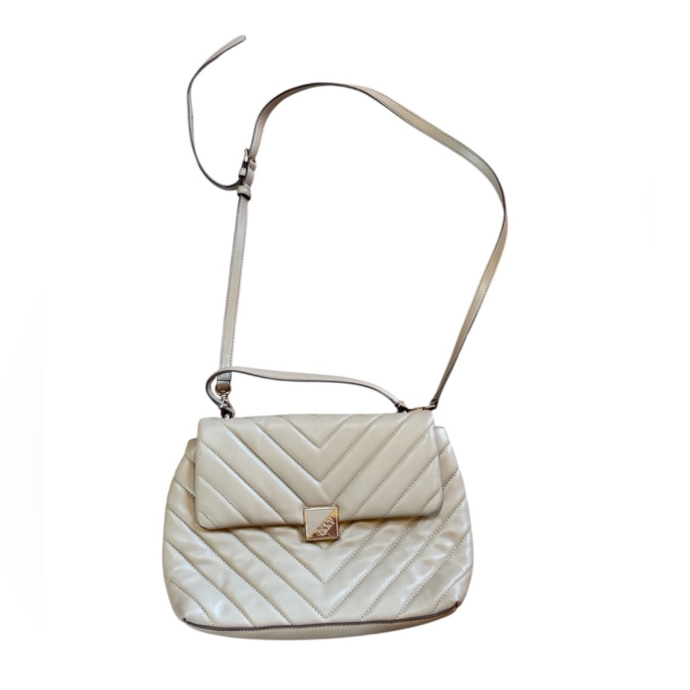 DKNY Quilted Crossbody Bag Neutral Grey Gold Hardware Shoulder Purse